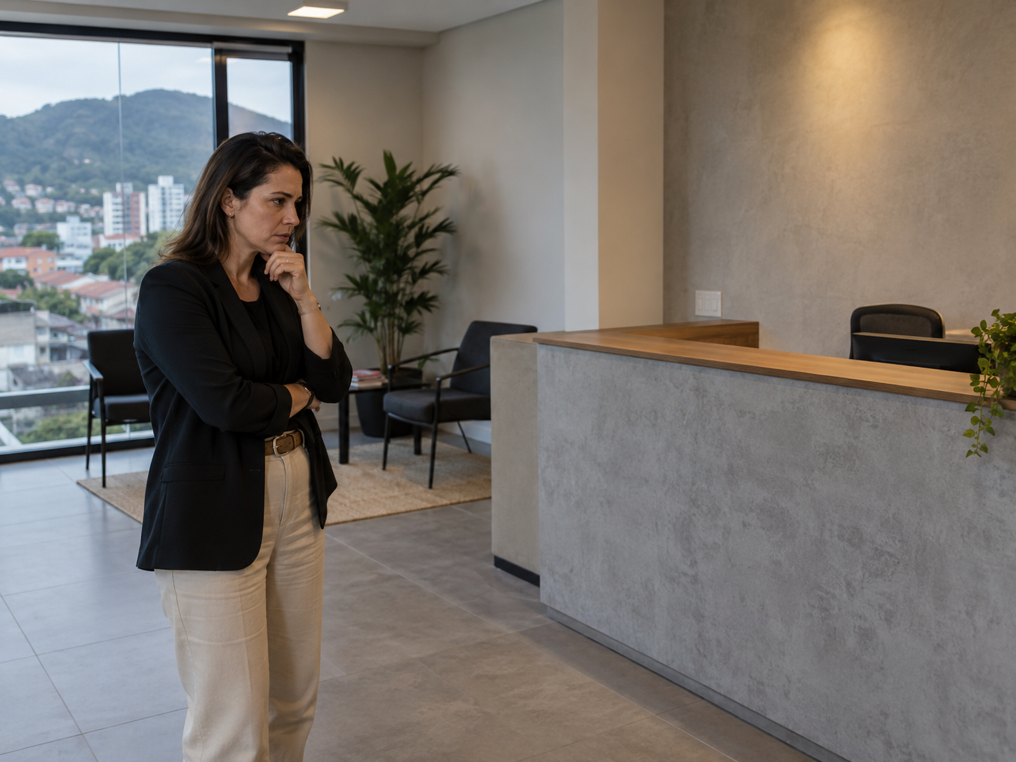 Empresária avalia um espaço comercial sem a presença esperada