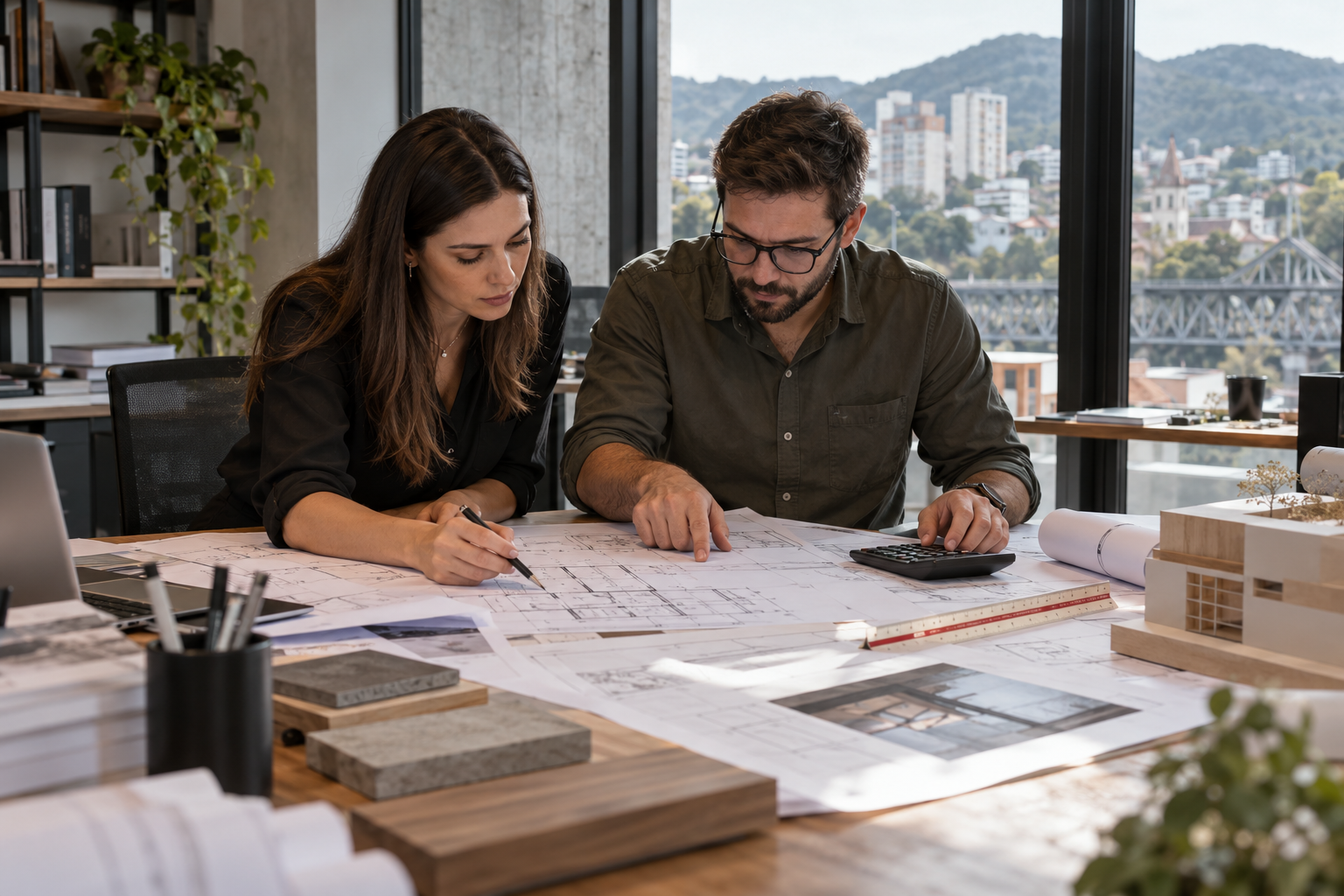 Equipe conferindo plantas, cálculos e documentos técnicos